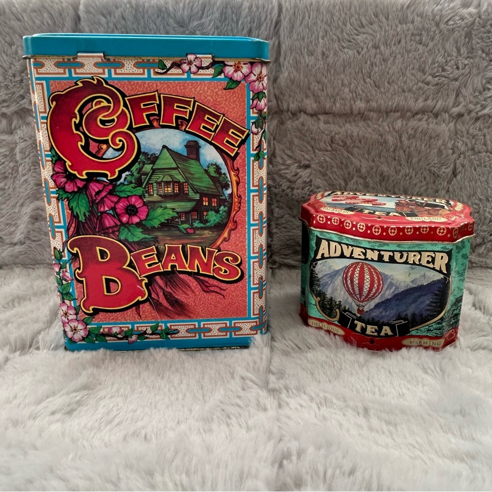Coffee Beans Canister & Adventurer Tea Tin Vintage Retro Lot Made In England
